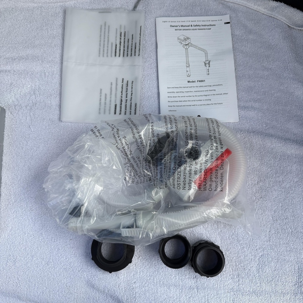 M TRPS FN901 Battery Fuel Transfer Pump 3.2GPM 19in 51in Hoses Flexible Portable